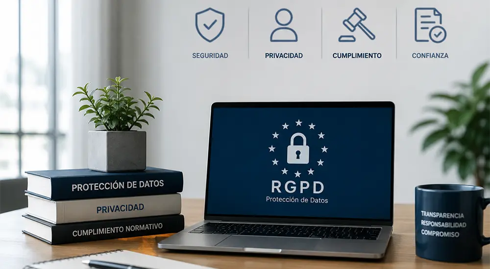 Foto del equipo en la oficina con el logo detrás en la pared