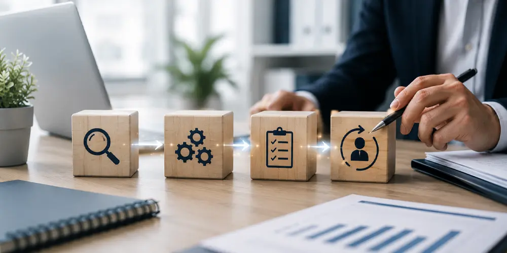 auditdata-servicios-como-realizamos-la-adaptacion Un hombre sentado en una mesa señalando con un bolígrafo un texto que pregunta si cumples con la normativa
